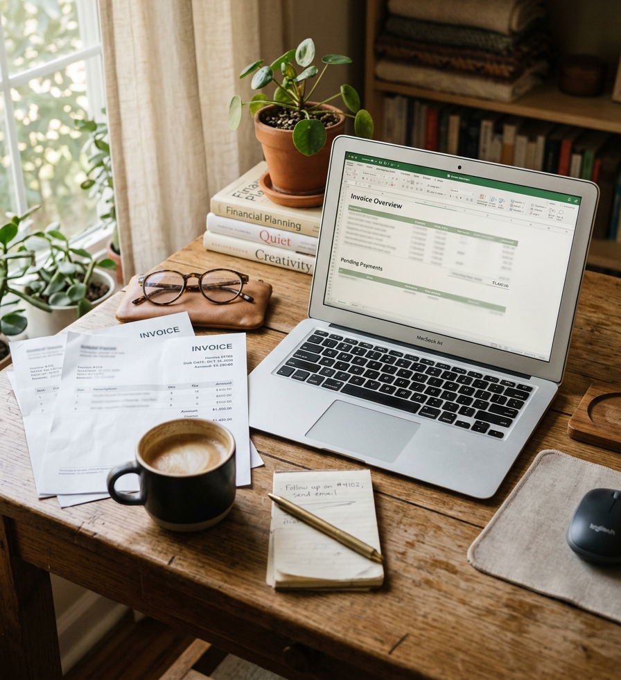 Laptop showing invoice overview spreadsheet, printed invoices, coffee cup, notebook with pen, and eyeglasses on wooden desk